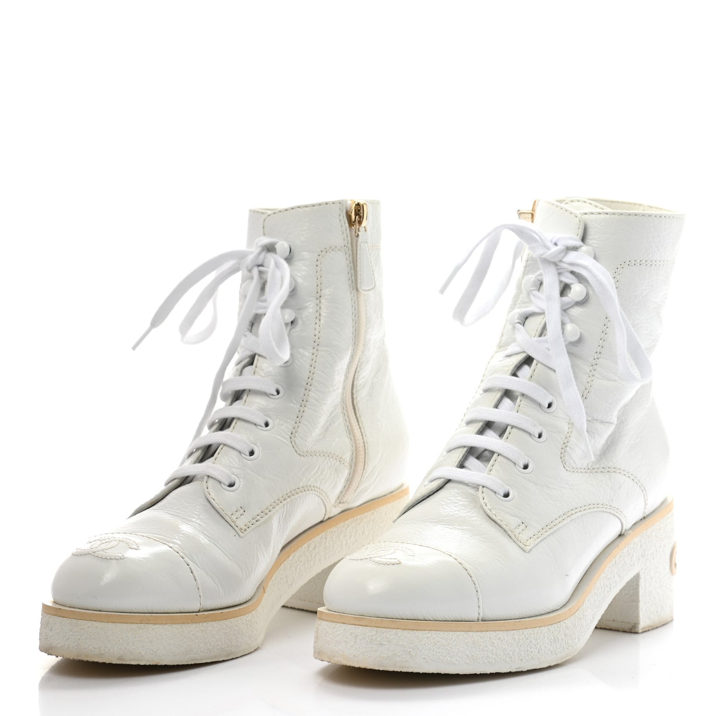 Shiny Crumpled Lambskin Lace Up Combat Boots 37 White