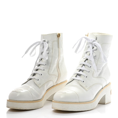 Chanel Shiny Crumpled Lambskin Lace Up Combat Boots 37 White 3 of 11