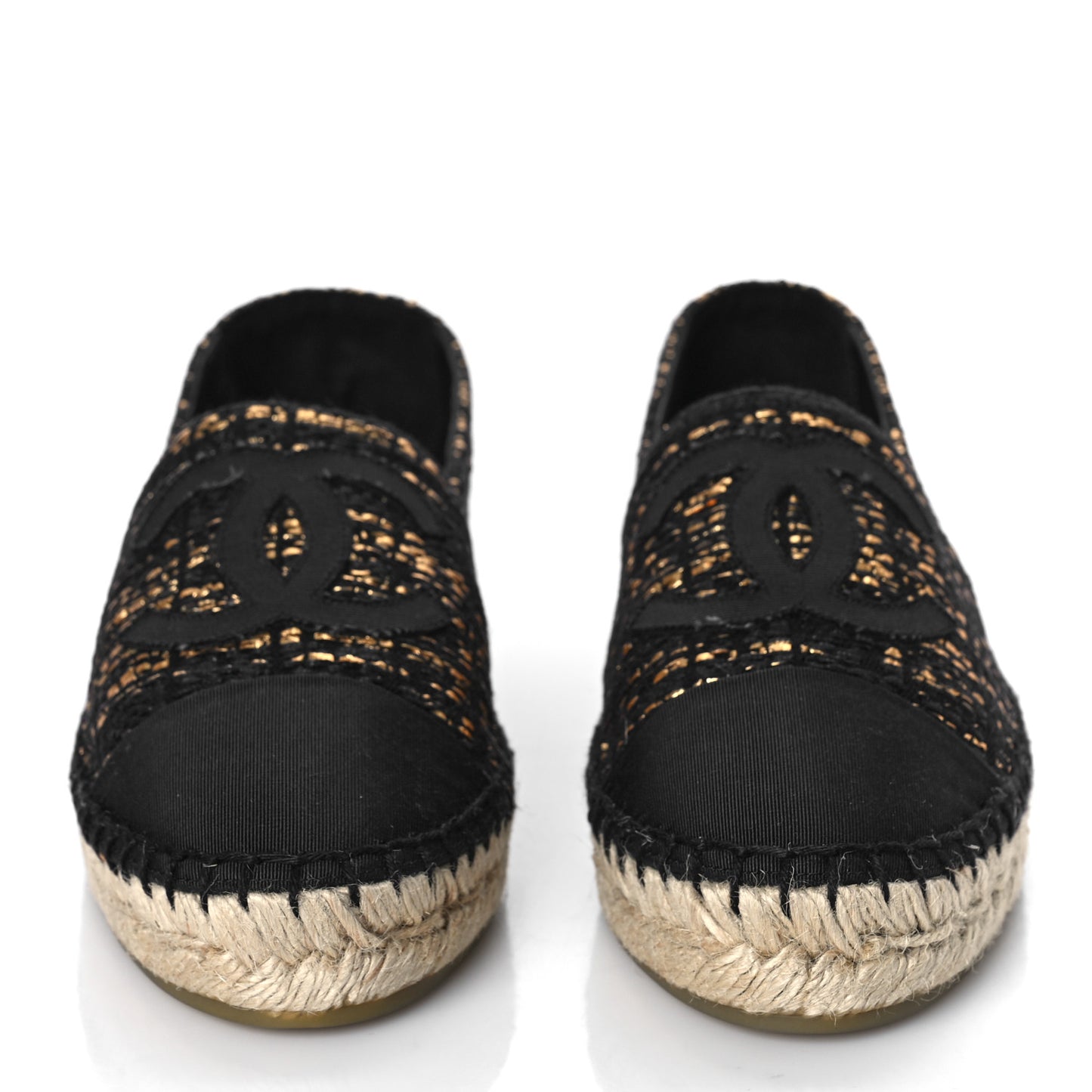 Metallic Tweed Grosgrain CC Espadrilles 37 Black Gold
