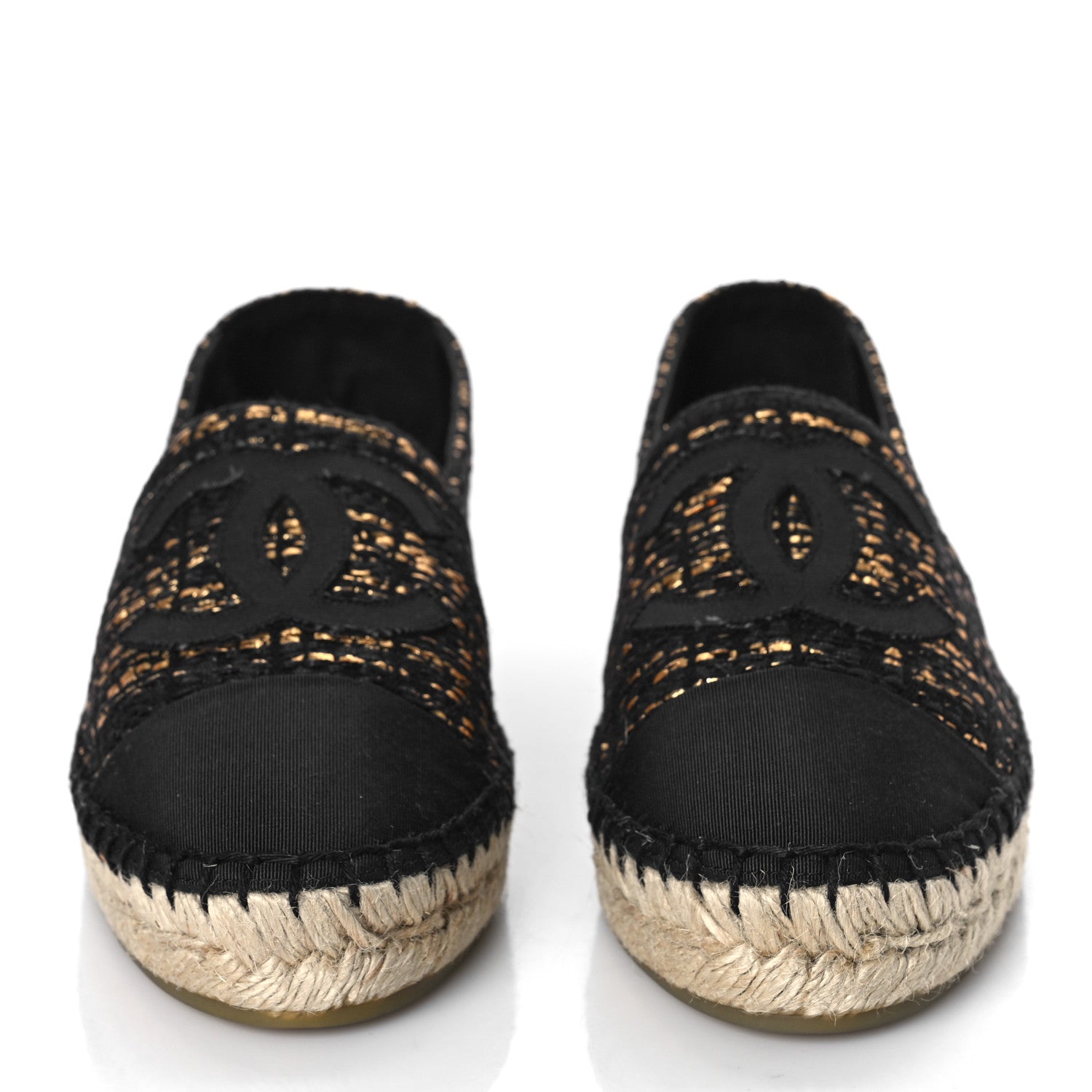 Chanel Metallic Tweed Grosgrain CC Espadrilles 37 Black Gold 2 of 10