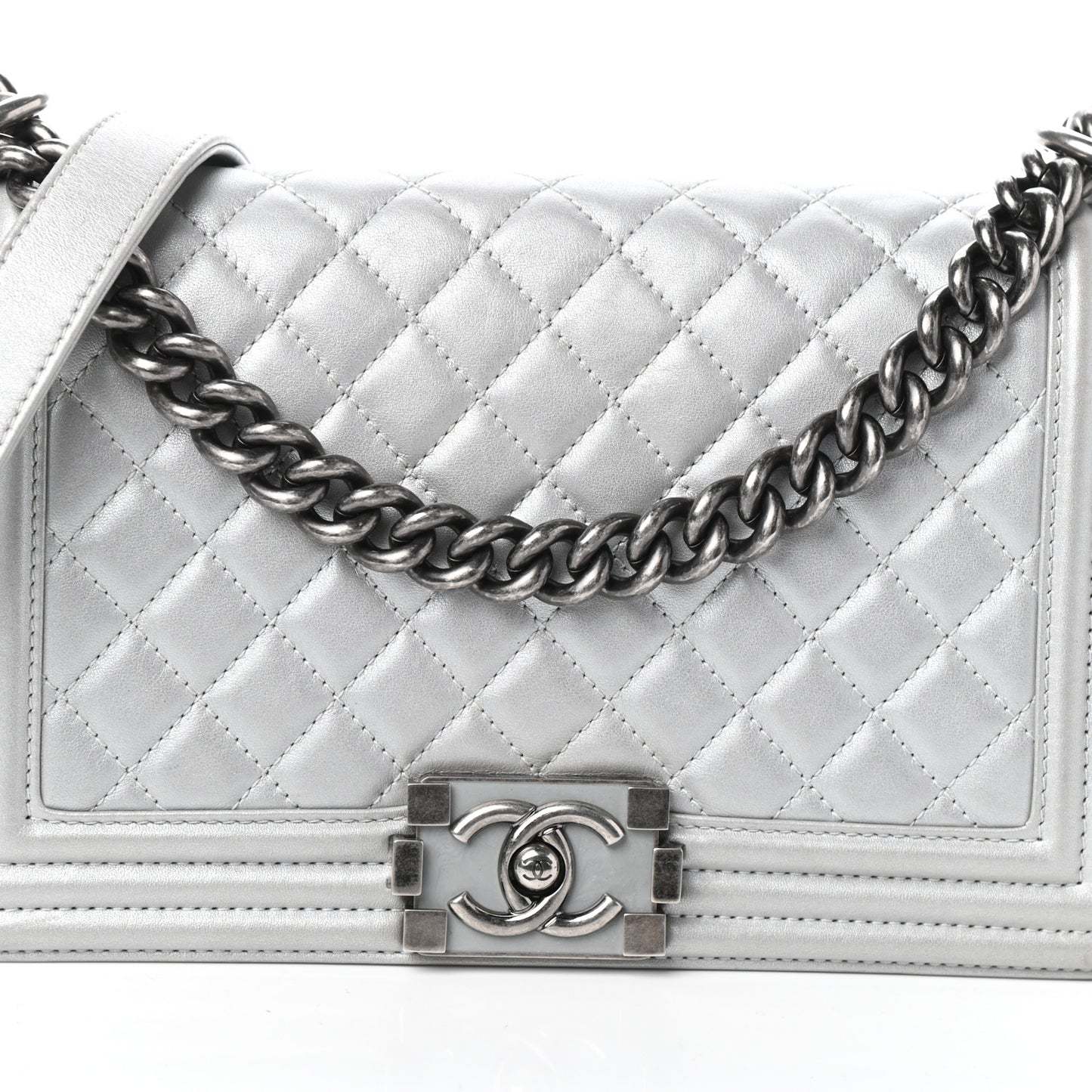 Metallic Calfskin Quilted Medium Boy Flap Silver