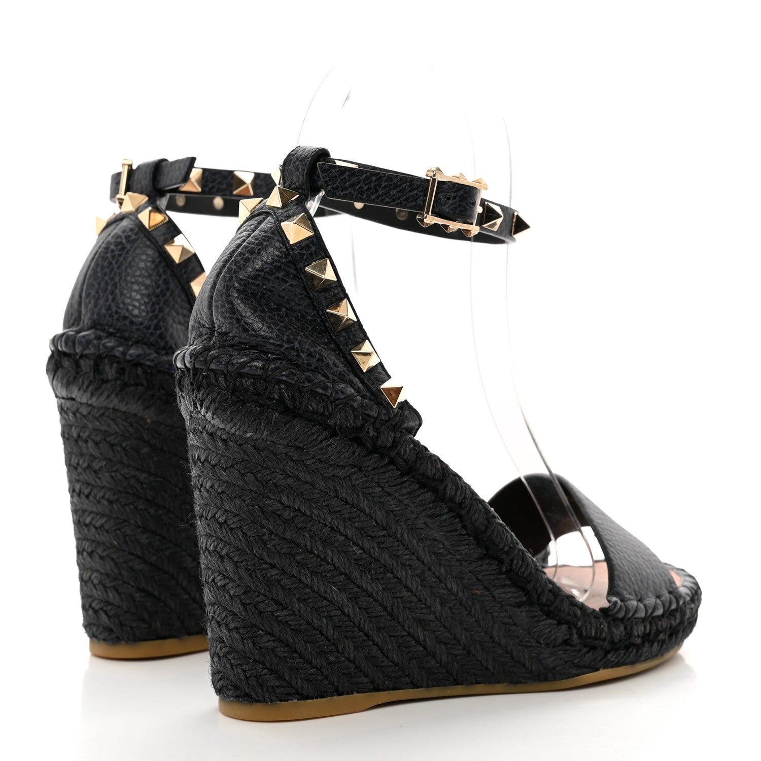 Valentino Garavani Grained Calfskin Rockstud Ankle Strap Espadrille 15/105mm Wedge Sandals 36 Deep Denim 4 of 8