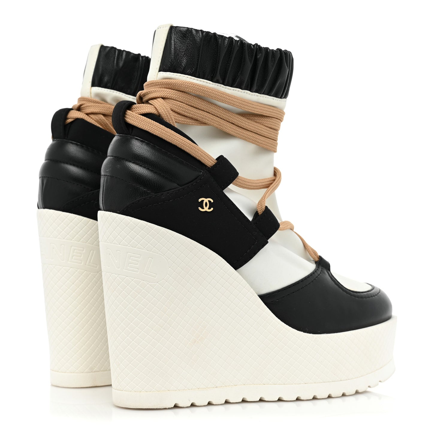 Patent Calfskin Runway Wedge Short Platform Boots 36.5 Black White Beige