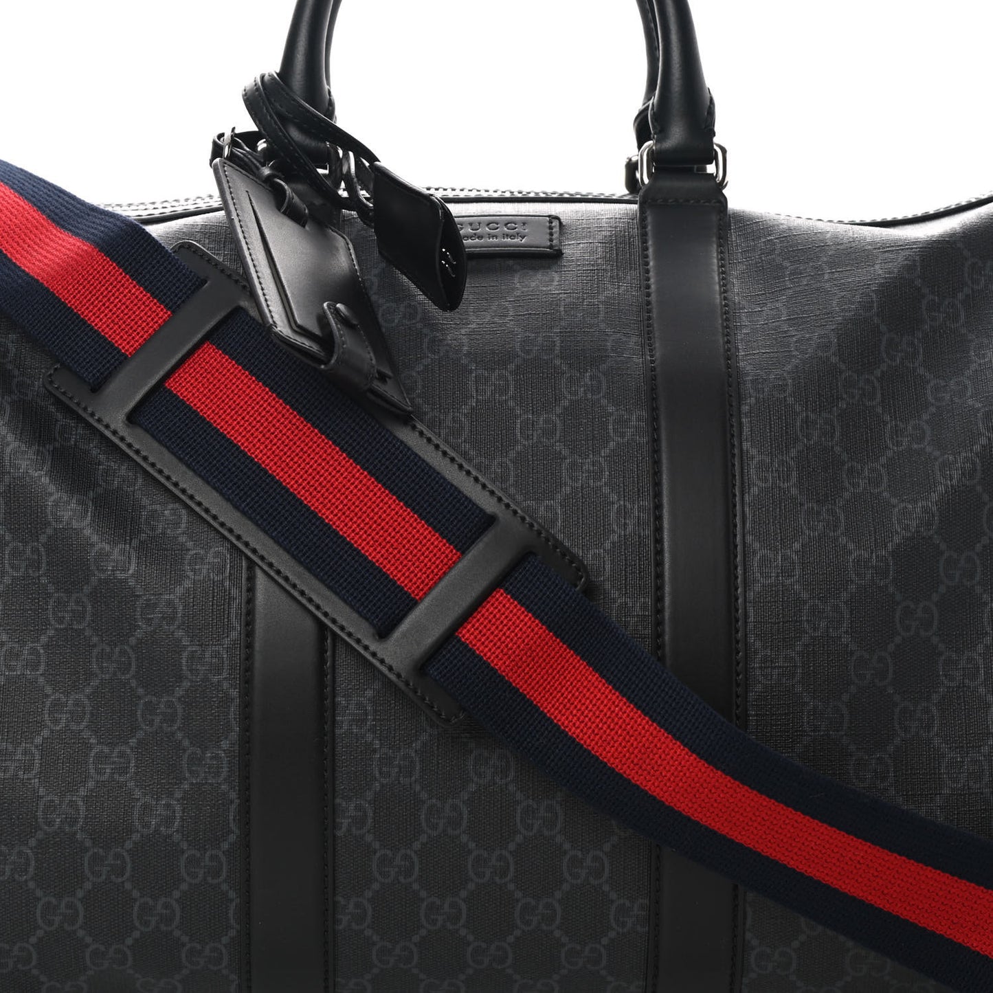 Soft GG Supreme Monogram Appia Calfskin Web Medium Carry On Duffle Bag Black Grey