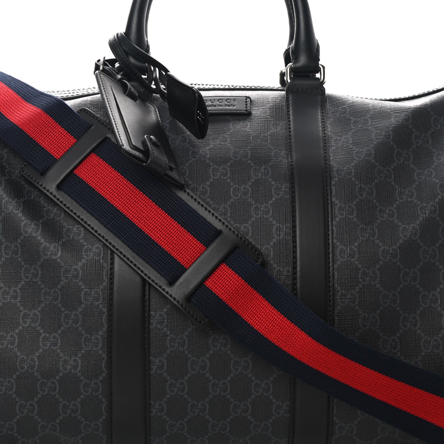 Gucci Soft GG Supreme Monogram Appia Calfskin Web Medium Carry On Duffle Bag Black Grey 8 of 15