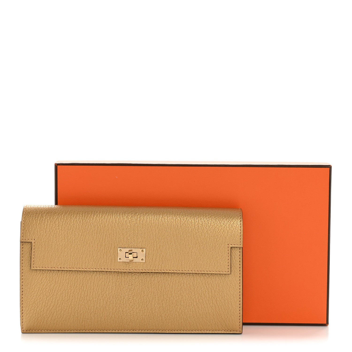 Hermes Metallic Chevre Chamkilight Kelly Pocket Long Wallet Dore 9 of 9