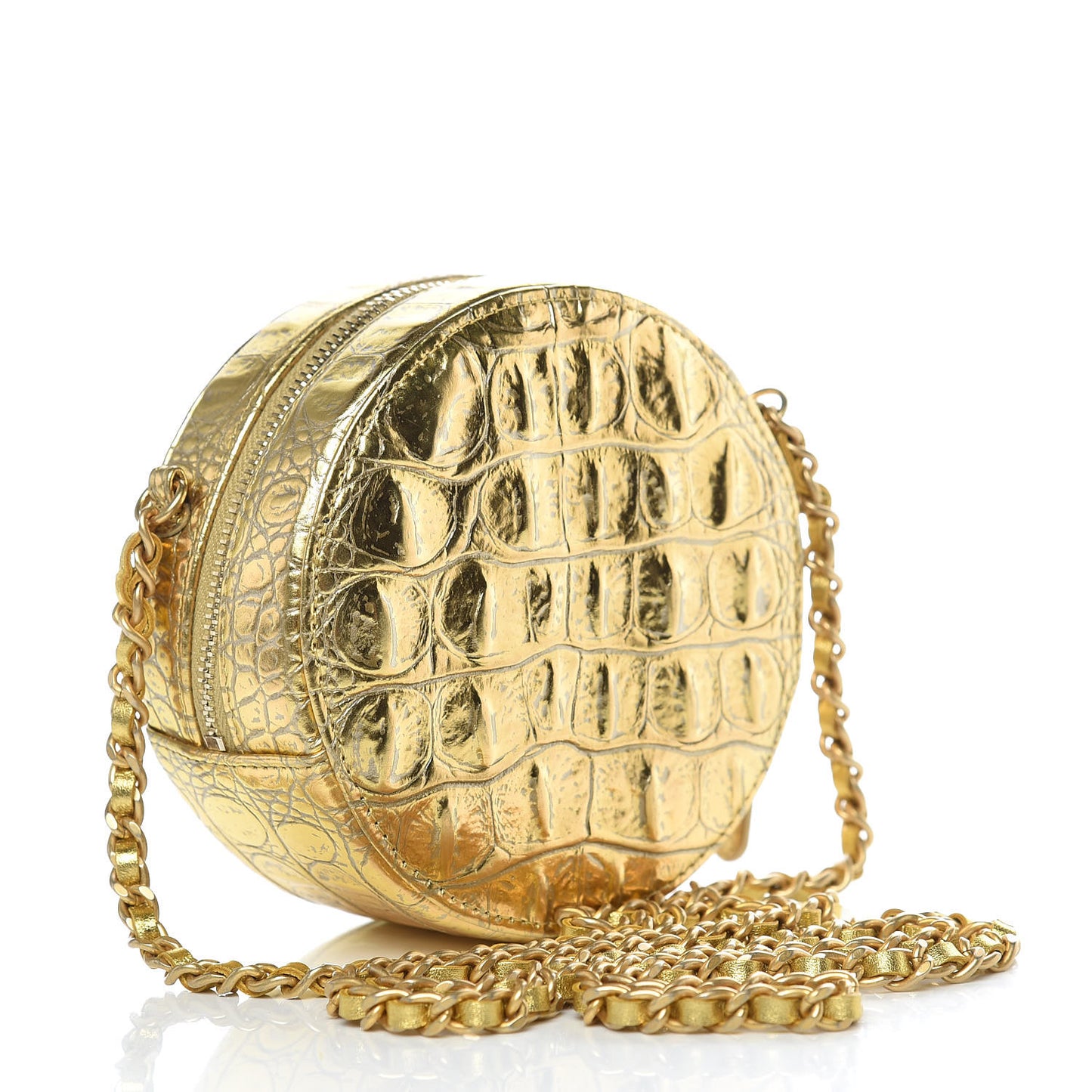 Metallic Calfskin Crocodile Embossed Cocodile Round Clutch with Chain Gold