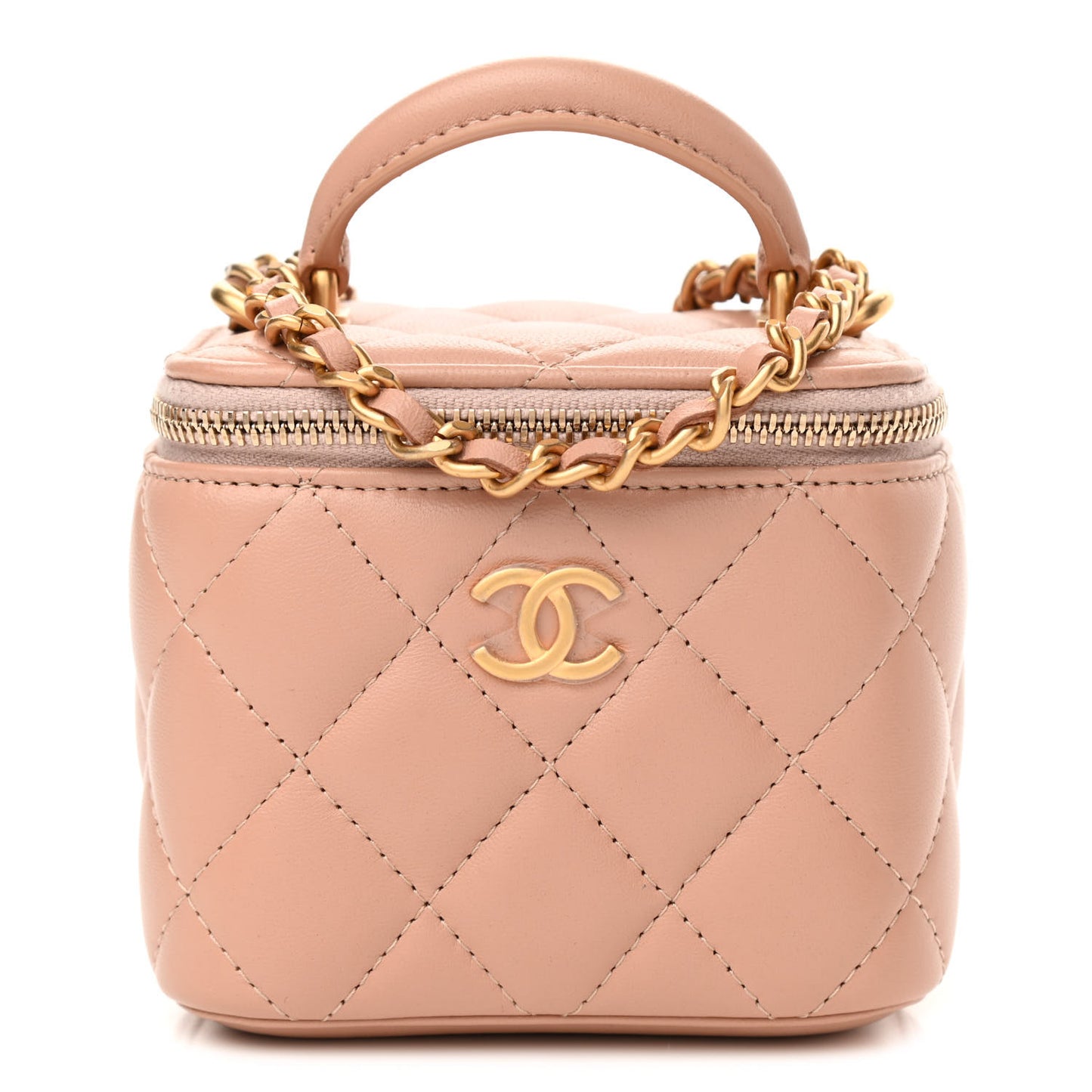 Lambskin Quilted Top Handle Mini Vanity Case With Chain Beige