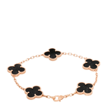 Van Cleef & Arpels 18K Rose Gold Silver Obsidian 5 Motifs Vintage Alhambra Bracelet 3 of 6