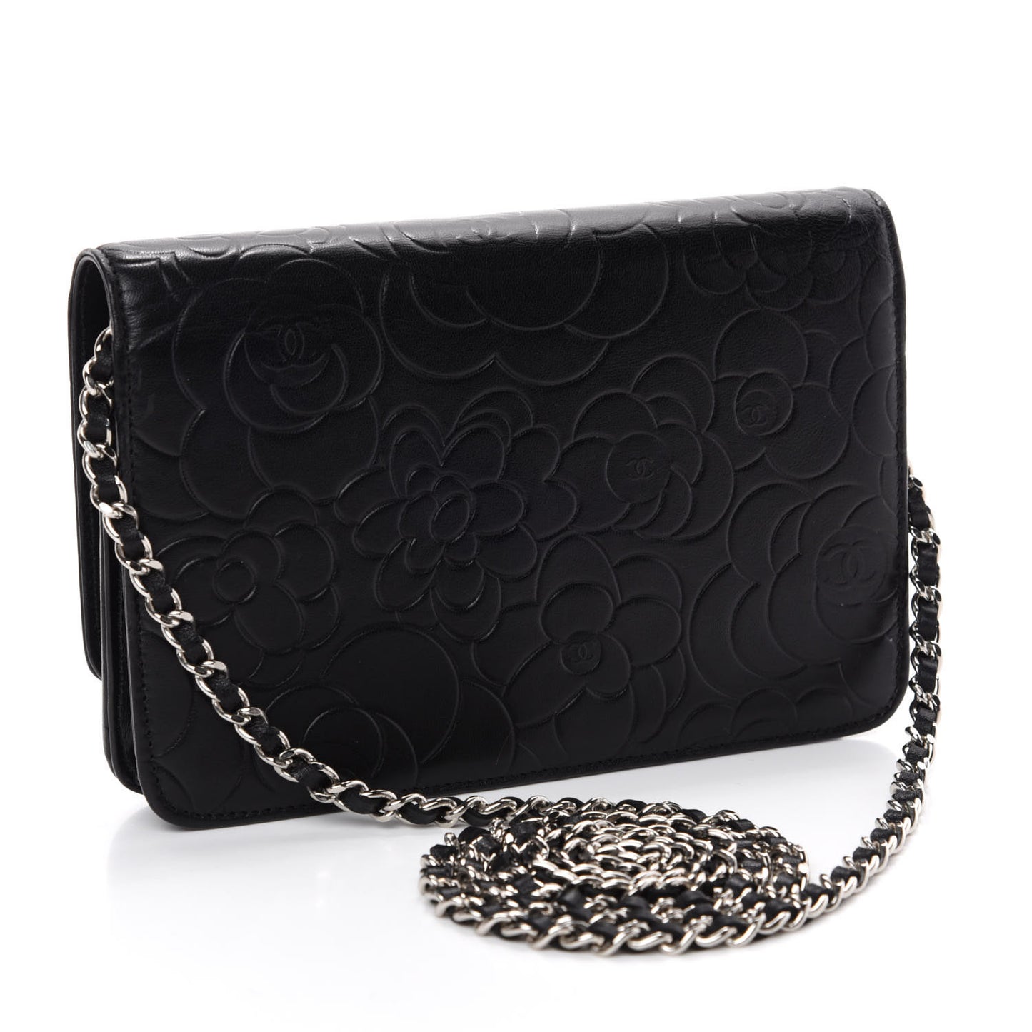 Lambskin Camellia Embossed Wallet on Chain WOC Black