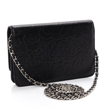 Chanel Lambskin Camellia Embossed Wallet on Chain WOC Black 3 of 12