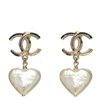 Chanel Pearl CC Heart Drop Earrings Gold 1 of 5