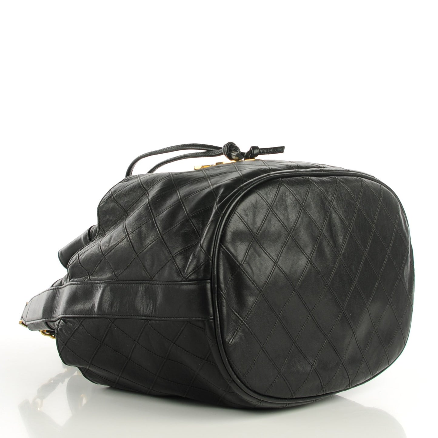 Lambskin Diamond Stitched CC Drawstring Shoulder Bag Black