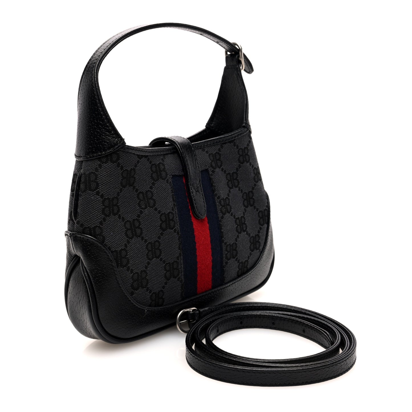 X BALENCIAGA BB Monogram Calfskin Web Mini Jackie 1961 Hobo Black