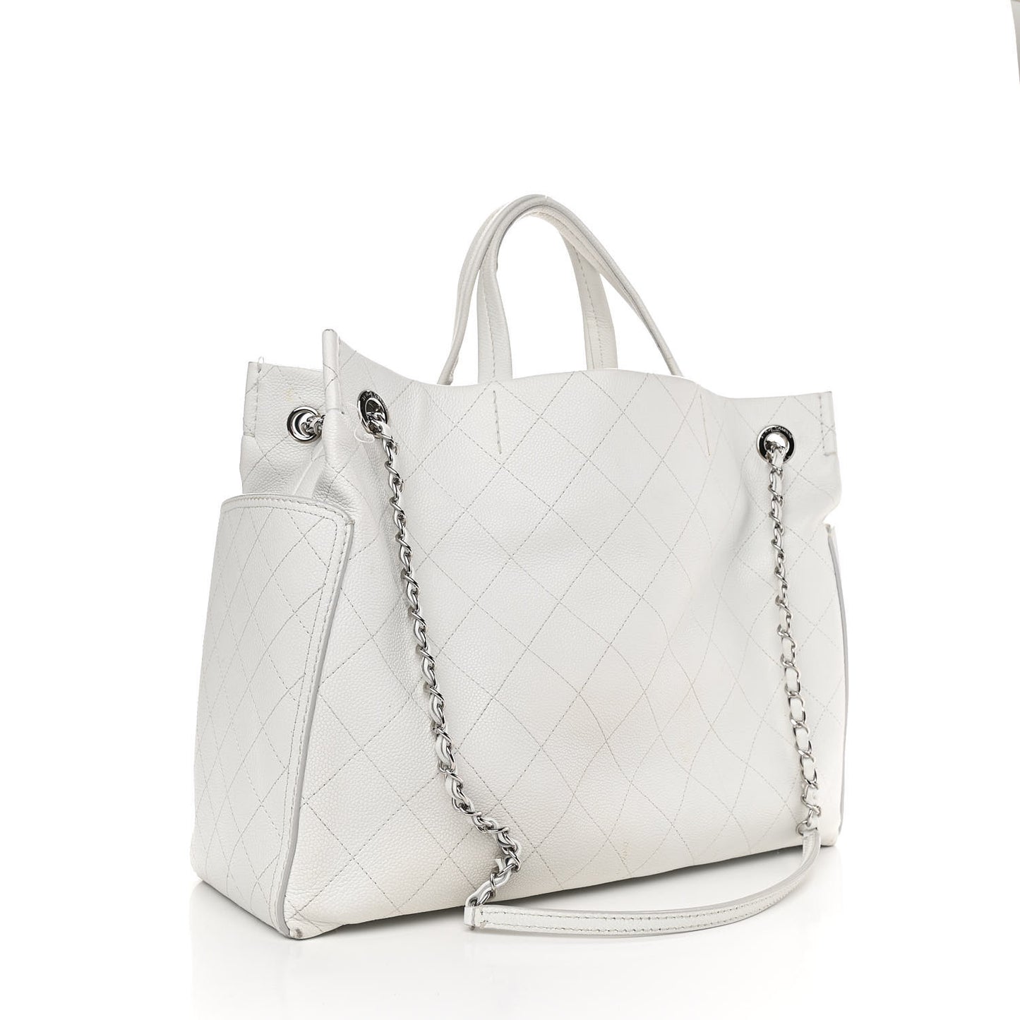 Grained Calfskin CC Pocket Tote White