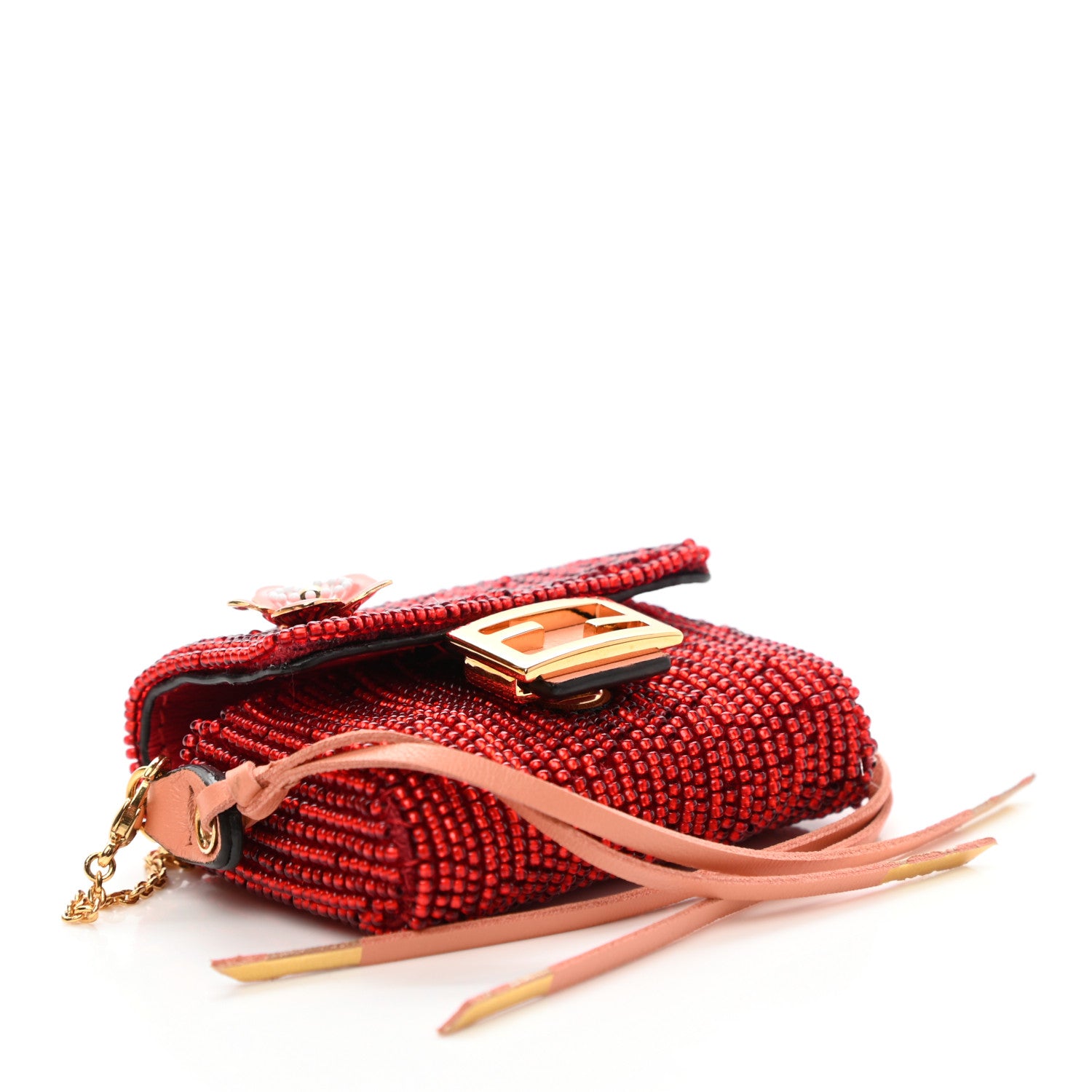Fendi Enamel Nappa Beaded Flower Embroidered Pico Baguette Charm Rosso Albicocca 3 of 9