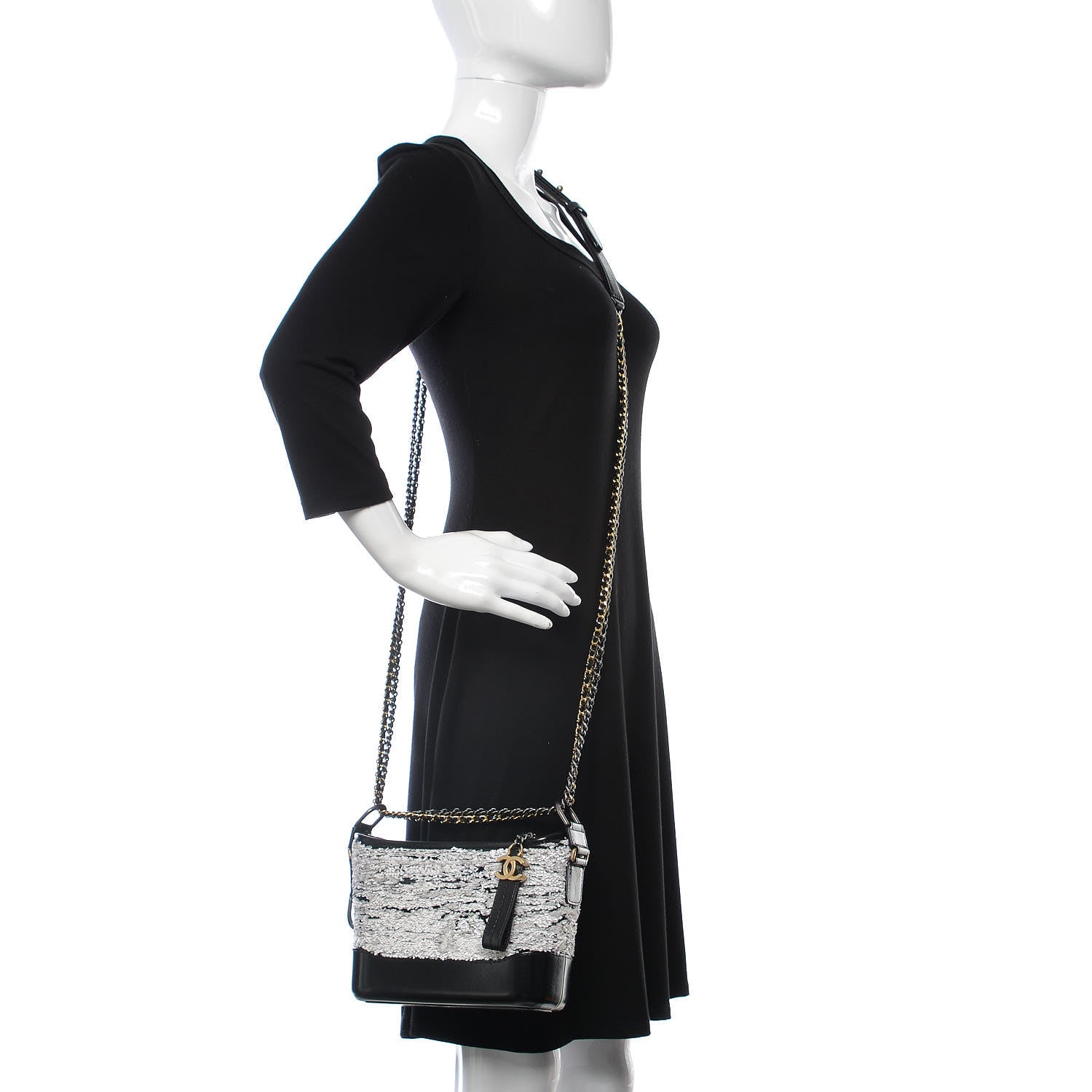 Chanel Sequin Wool Calfskin Small Gabrielle Hobo Black White 3 of 11