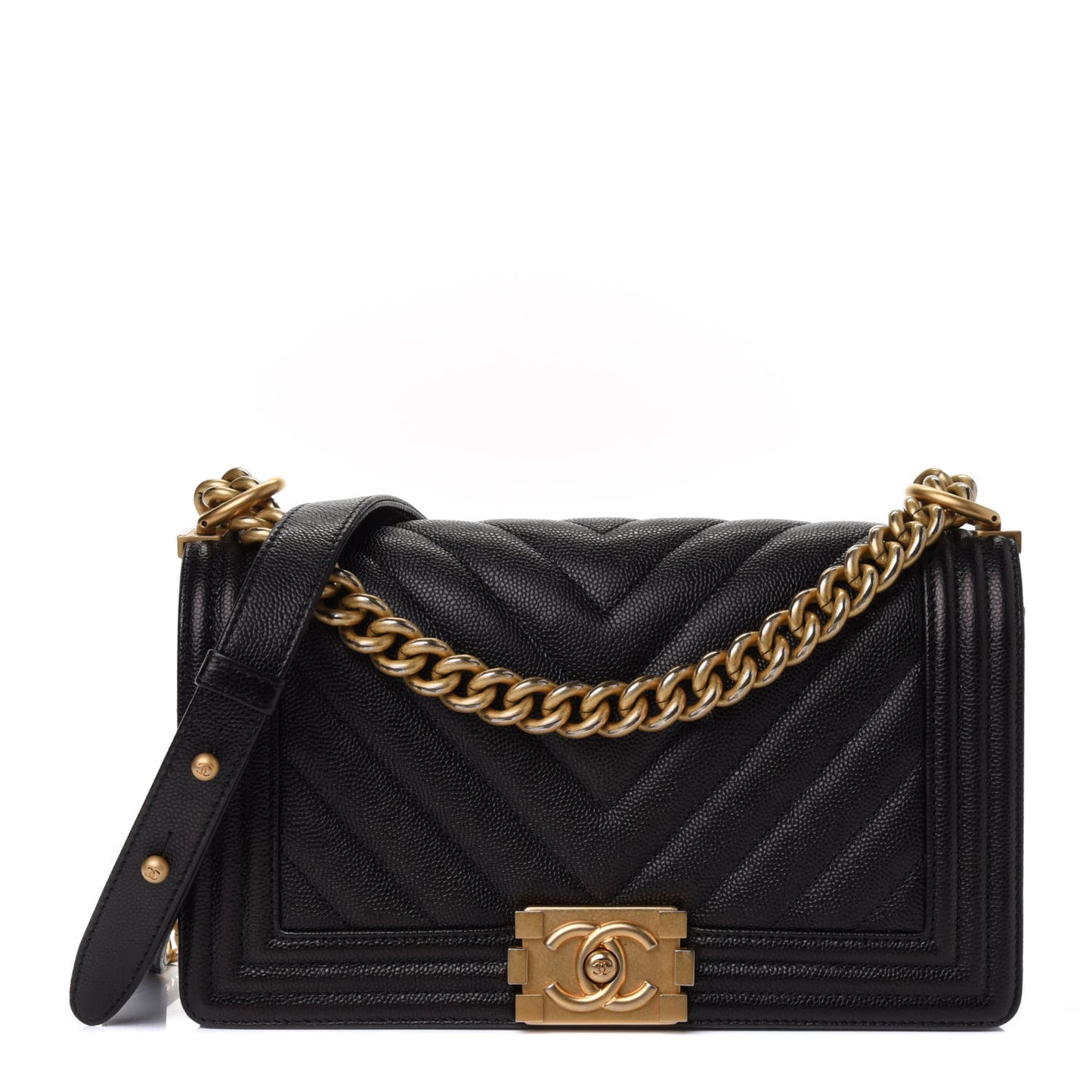 Caviar Chevron Quilted Medium Boy Flap Black