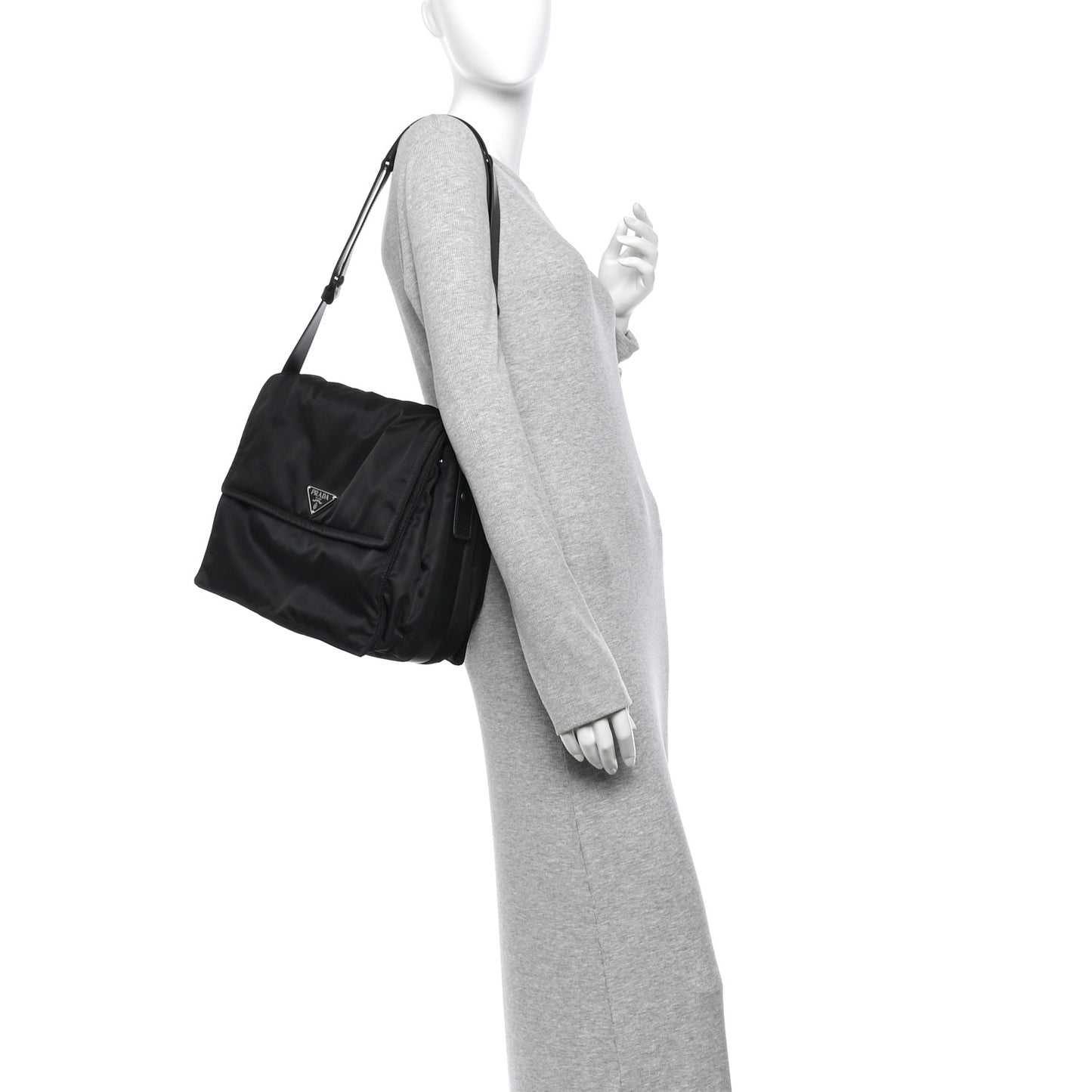 Re-Nylon Vitello Padded Large Traveler Flap Shoulder Bag Black