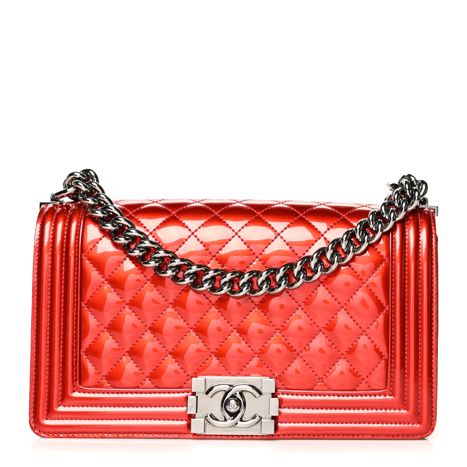 Chanel Metallic Patent Calfskin Quilted Medium Boy Flap Red 1 of 12