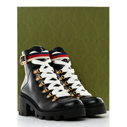Gucci Calfskin Sylvie Web Womens Lace Up Combat Boots 37 Black 9 of 9