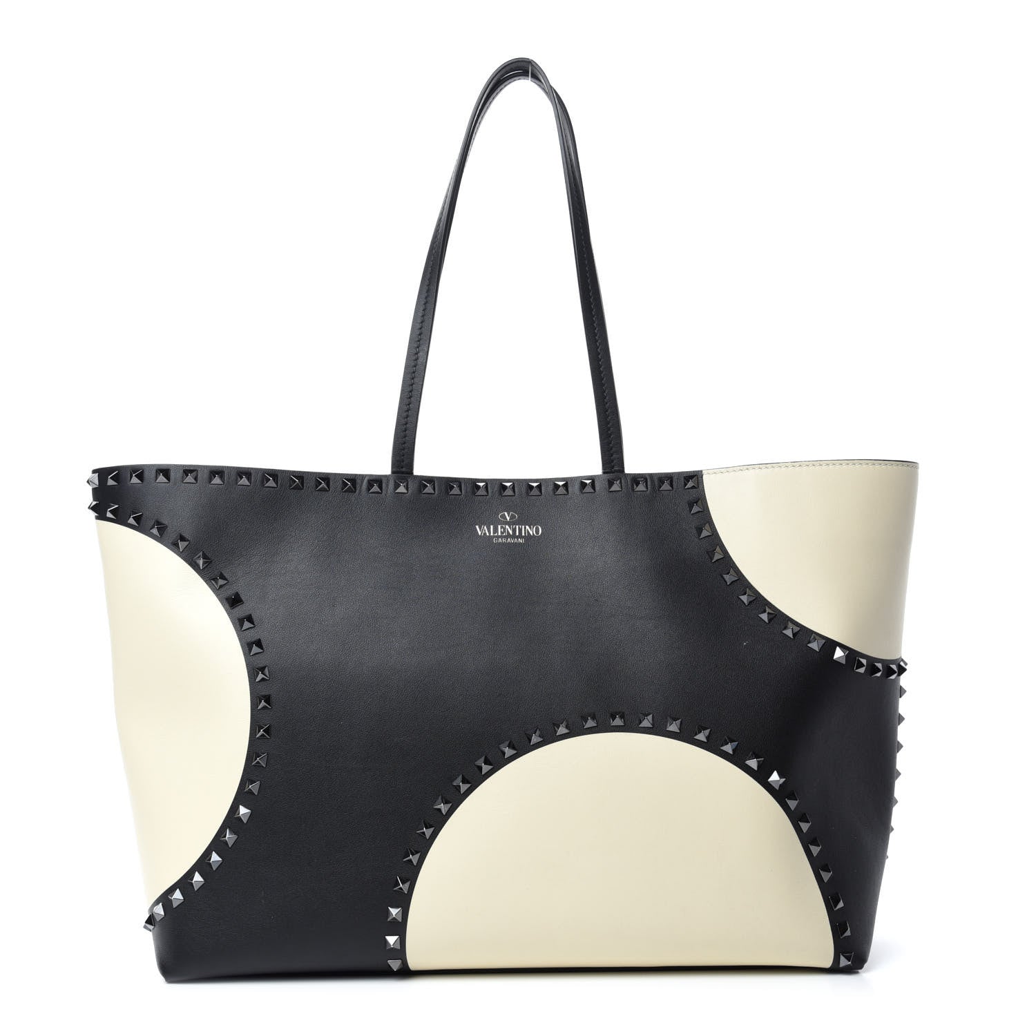 Valentino Garavani Calfskin Polka Dot Rockstud Shoulder Tote Black Light Ivory 1 of 10
