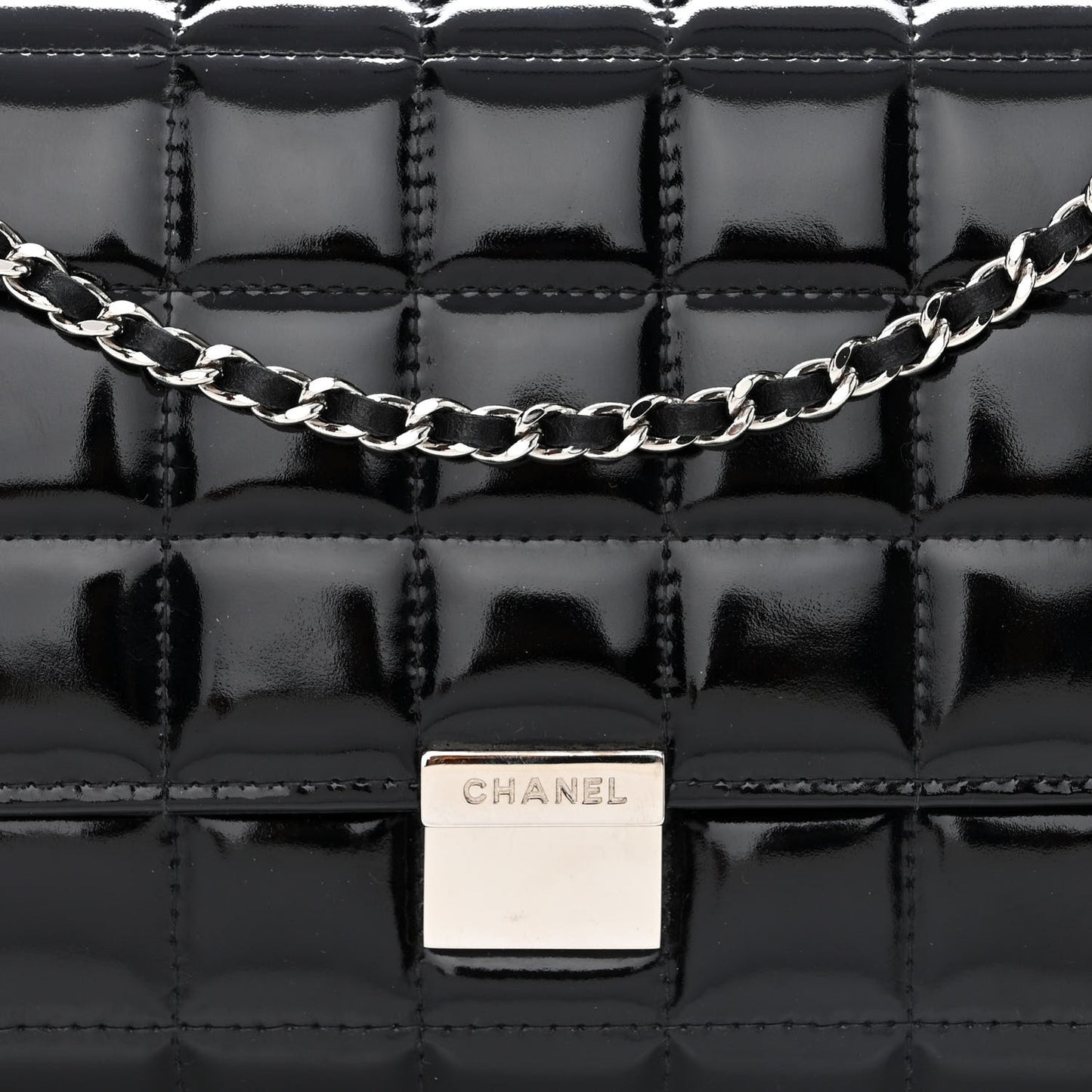 Patent Chocolate Bar Chain Clutch Black