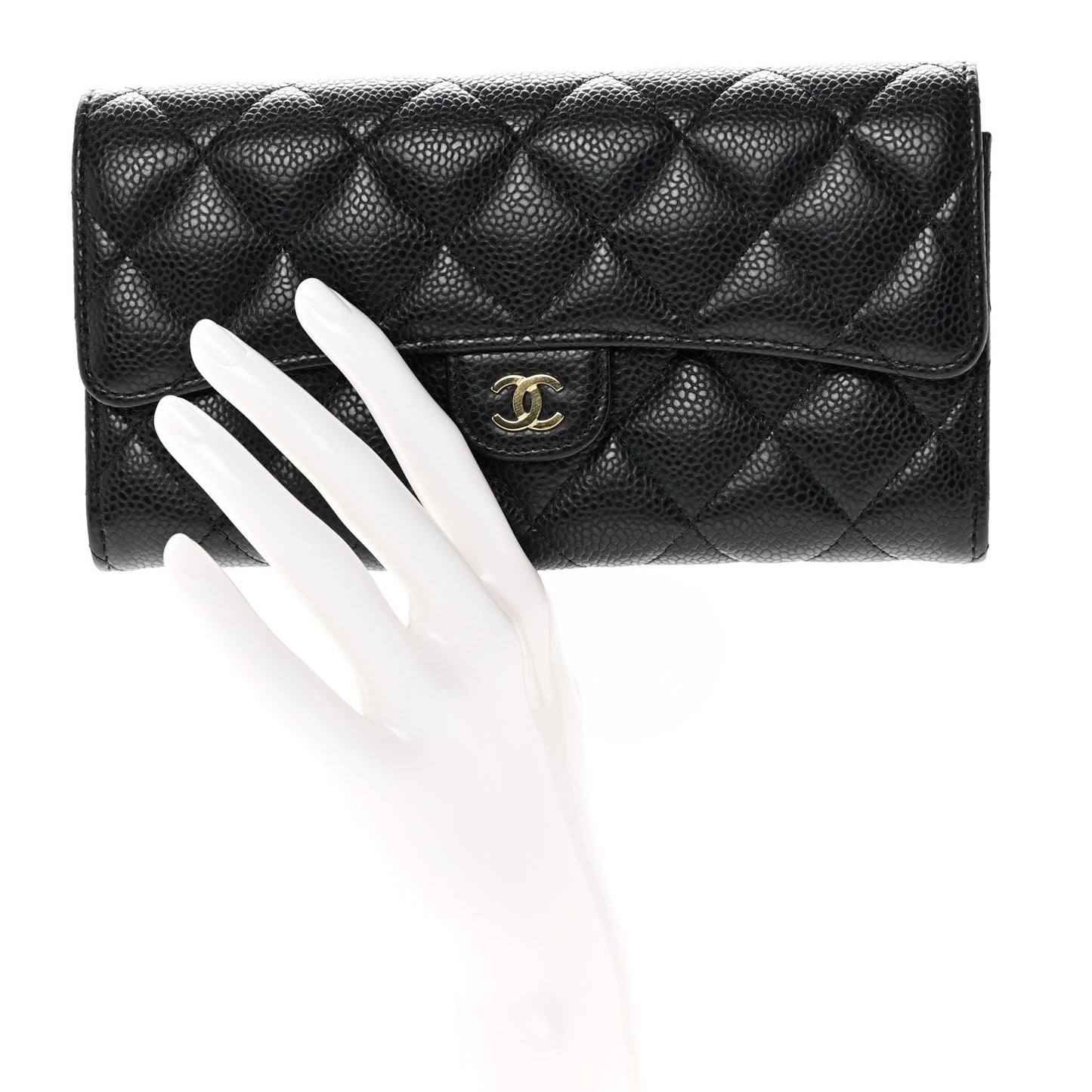 Caviar Quilted Large Gusset Flap Wallet Black