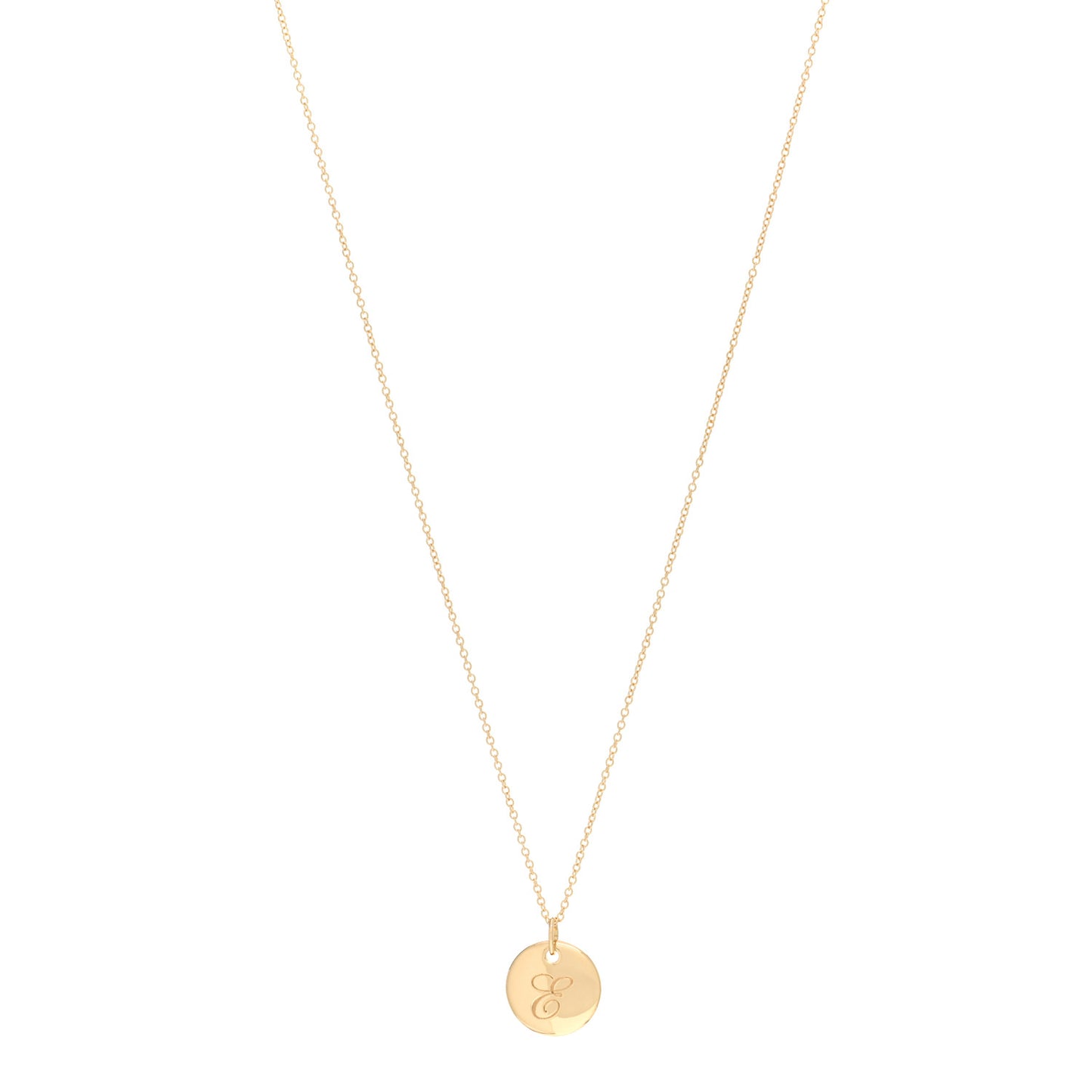 18K Yellow Gold Notes Letter E Disc Charm Pendant Necklace