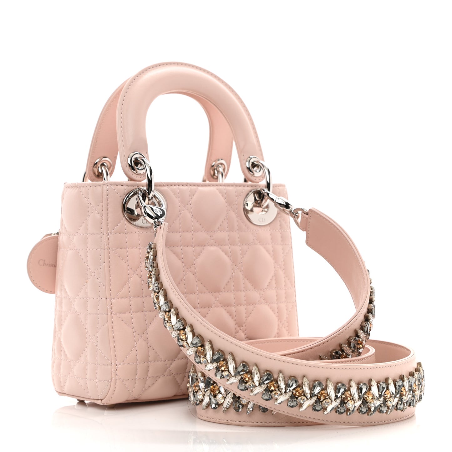 Lambskin Cannage Mini Lady Dior Crystal Strap Rose Poudre