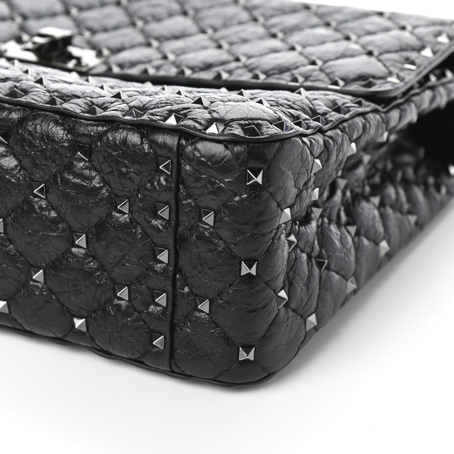 Craquele Nappa Large Rockstud Spike Shoulder Bag Black