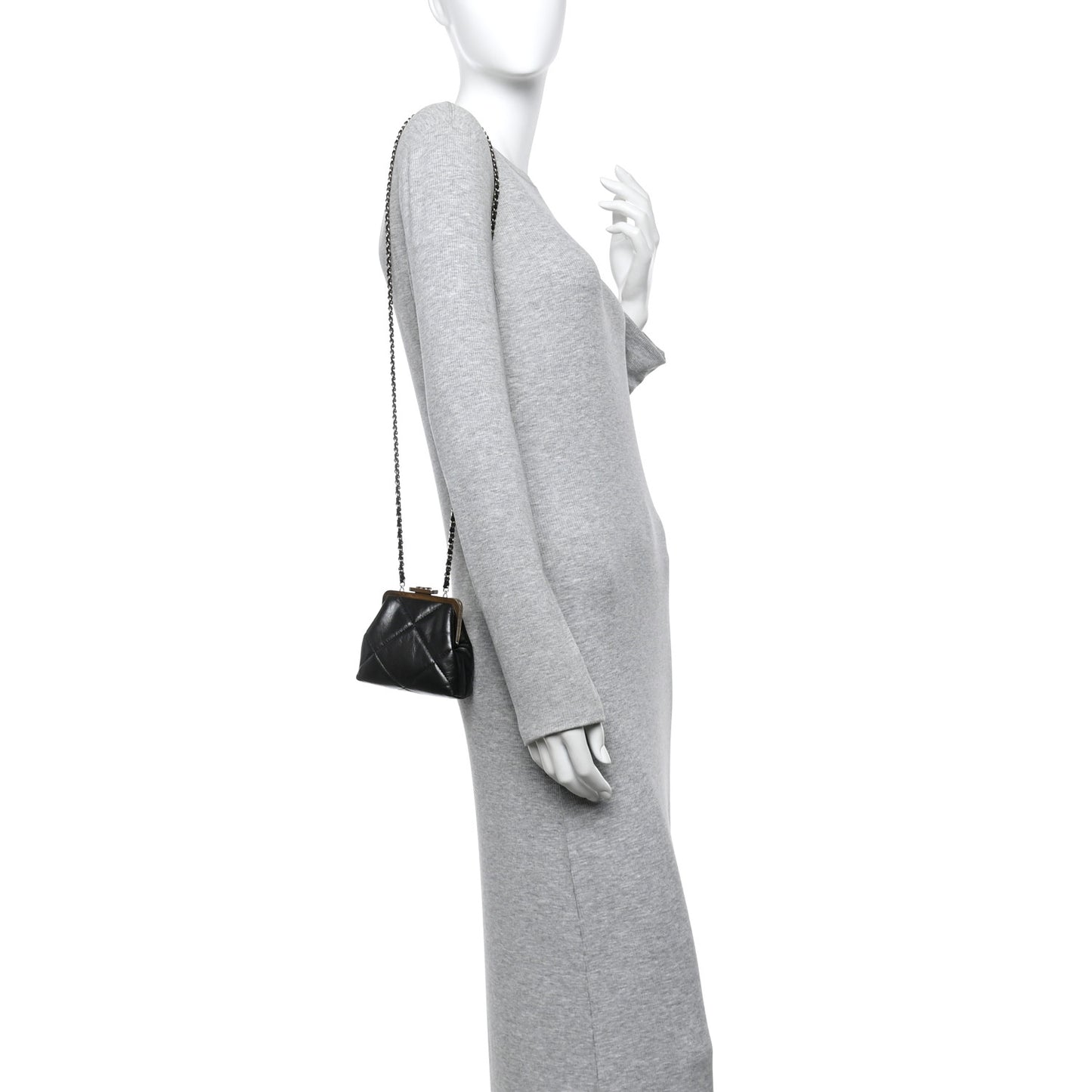 Shiny Aged Lambskin Quilted Kiss Lock Clutch With Chain Black