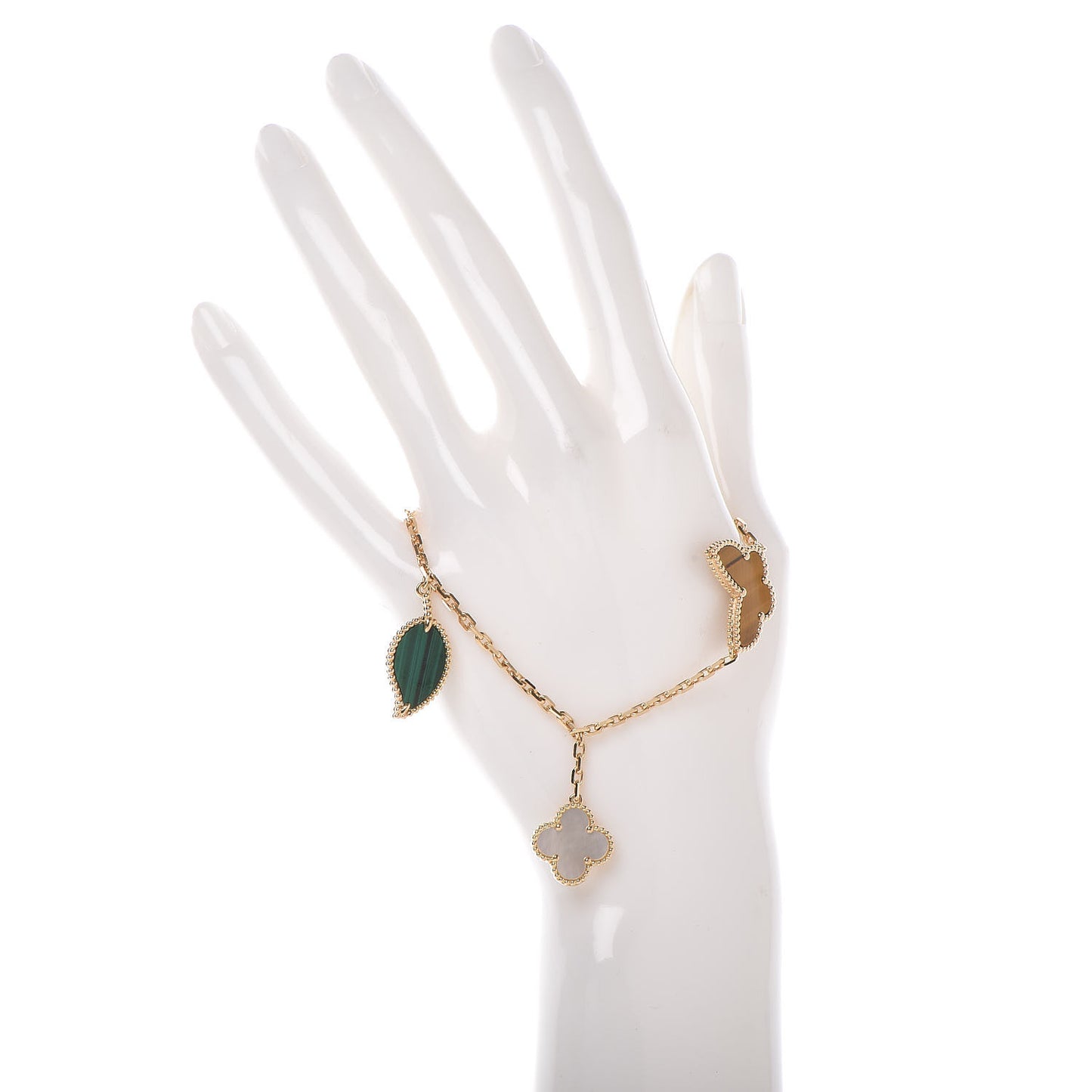 18K Yellow Gold Mother of Pearl Malachite Carnelian Tiger Eye 4 Motifs Lucky Alhambra Bracelet