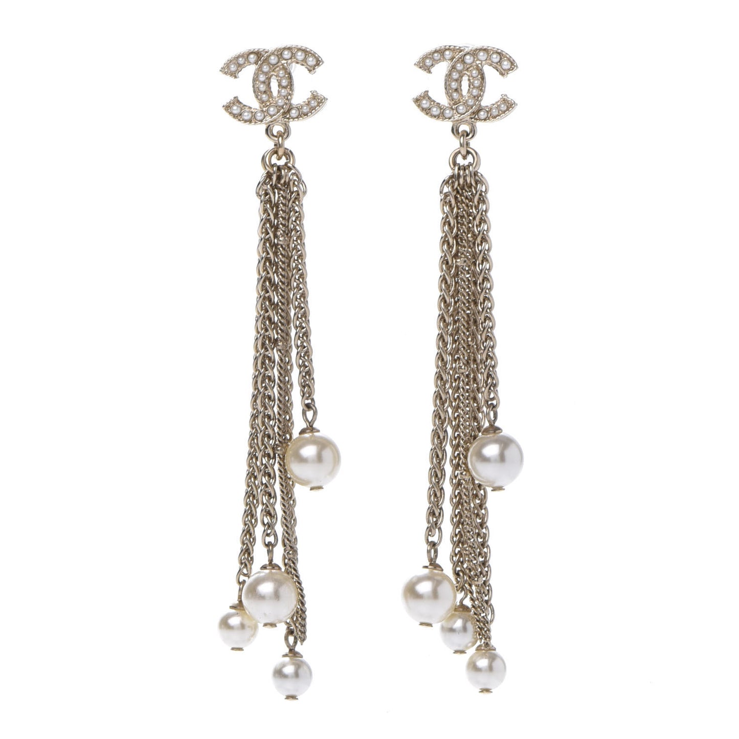 Glass Pearl CC Long Drop Earrings Gold