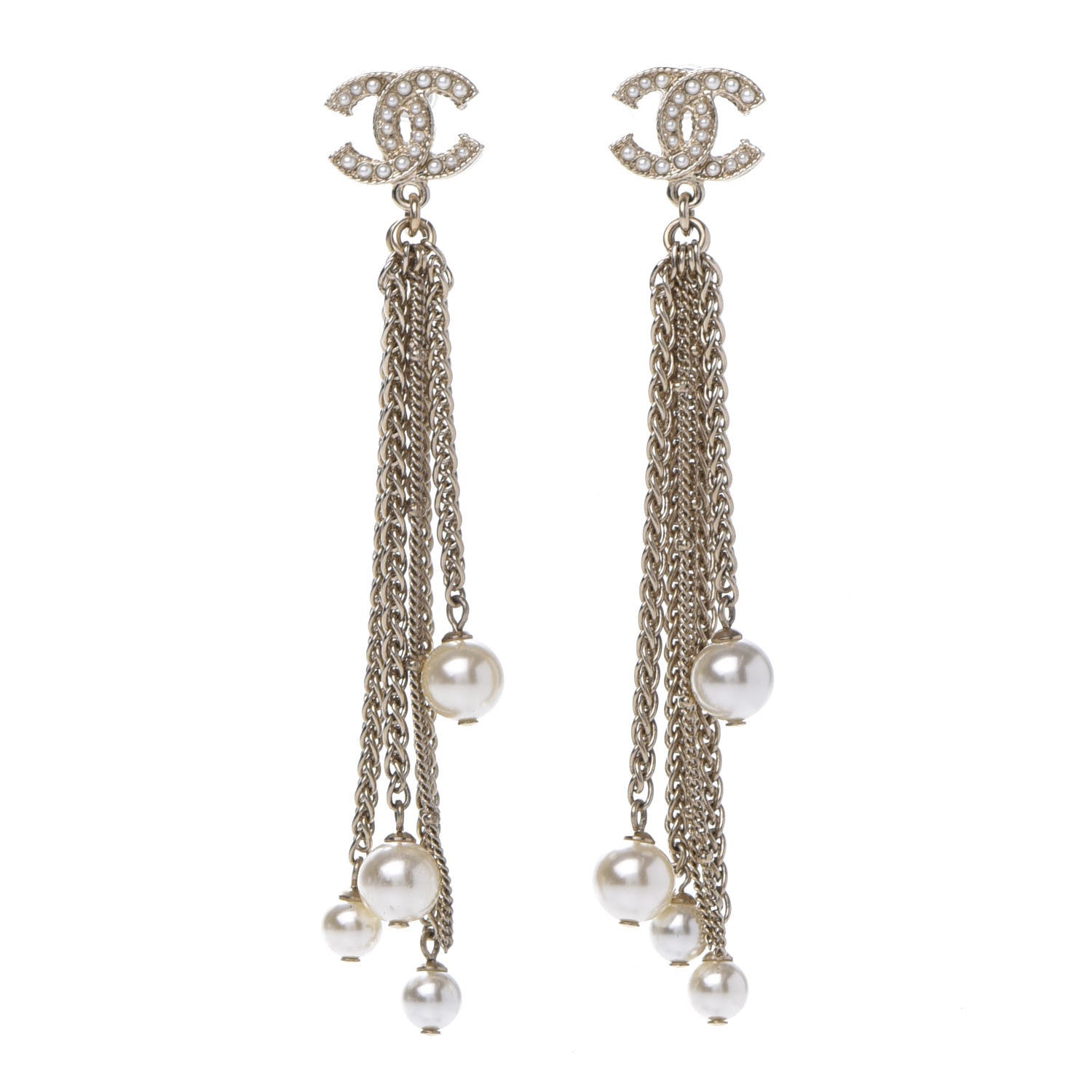 Chanel Glass Pearl CC Long Drop Earrings Gold 1 of 5