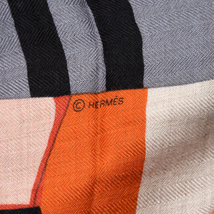 Hermes Cashmere Silk Cheval A La Couverture Shawl 140 Naturel Rouge Brique 4 of 7