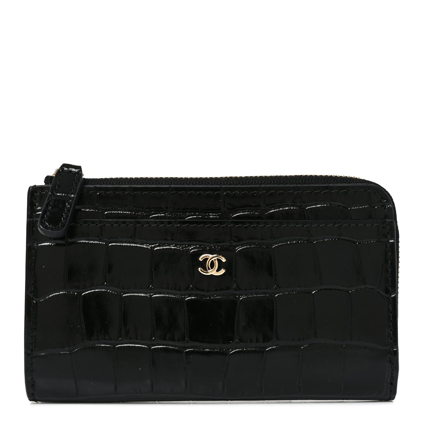 Calfskin Crocodile Embossed Crococo Zipped Card Holder Black