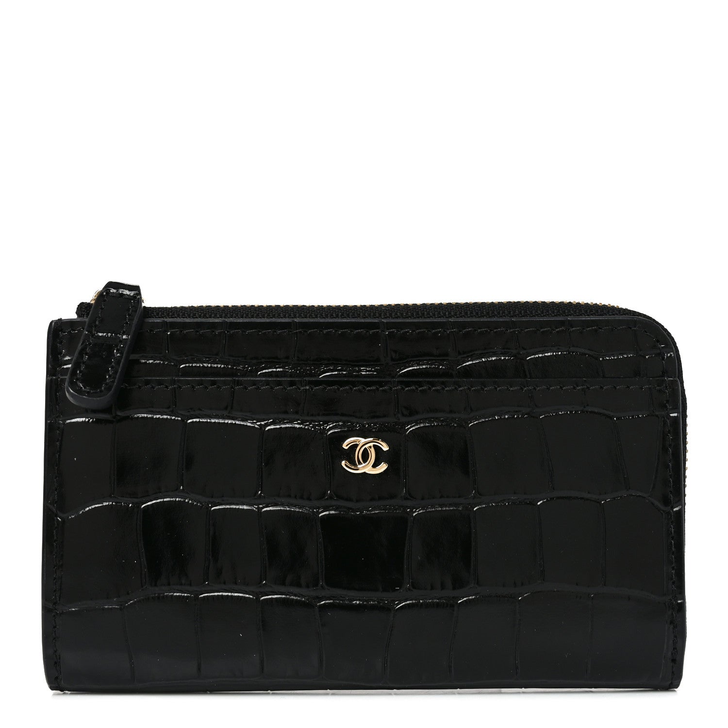 Chanel Calfskin Crocodile Embossed Crococo Zipped Card Holder Black 1 of 8