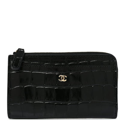 Chanel Calfskin Crocodile Embossed Crococo Zipped Card Holder Black 1 of 8