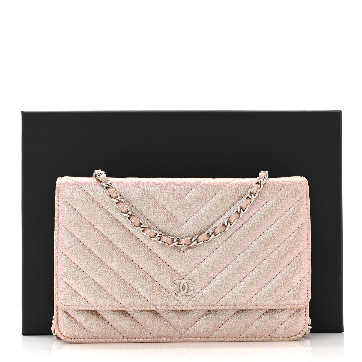 Metallic Caviar Chevron Quilted Wallet On Chain WOC Light Gold