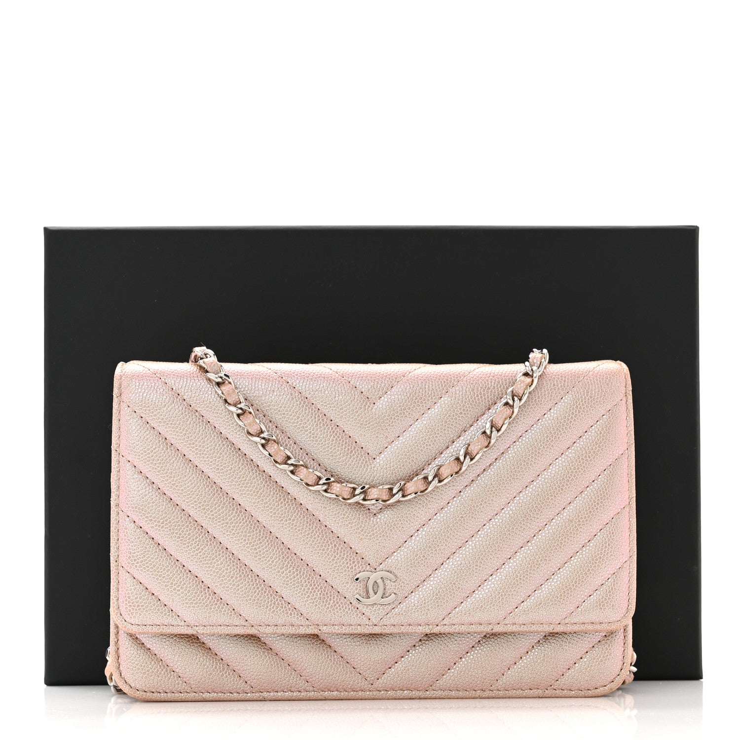 Chanel Metallic Caviar Chevron Quilted Wallet On Chain WOC Light Gold 12 of 12