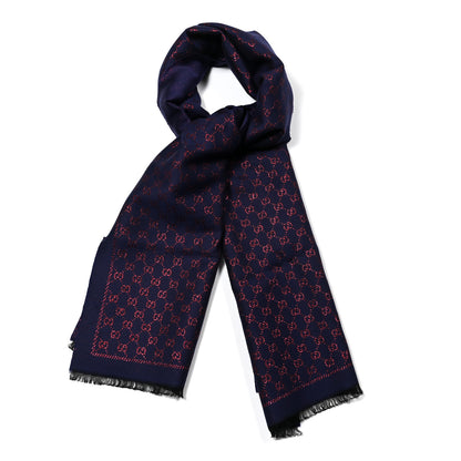 Gucci Wool Silk Jacquard GG Monogram Stenix Scarf Navy Red 1 of 4