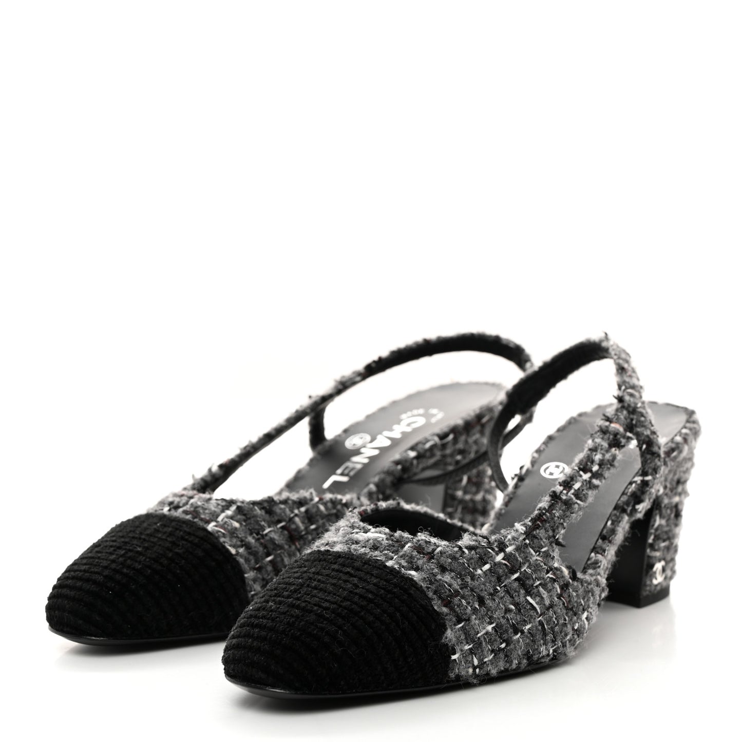 Tweed Corduroy Cap Toe Slingback Pumps 37 Grey Black