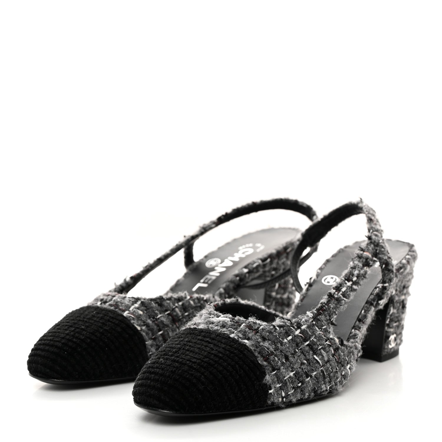 Chanel Tweed Corduroy Cap Toe Slingback Pumps 37 Grey Black 3 of 9