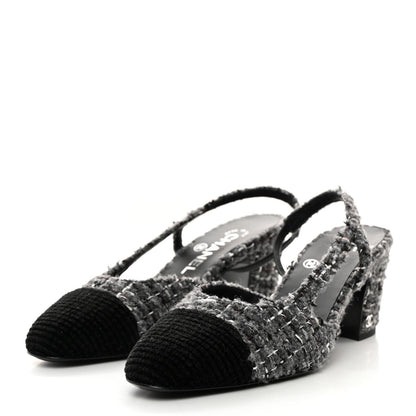 Chanel Tweed Corduroy Cap Toe Slingback Pumps 37 Grey Black 3 of 9