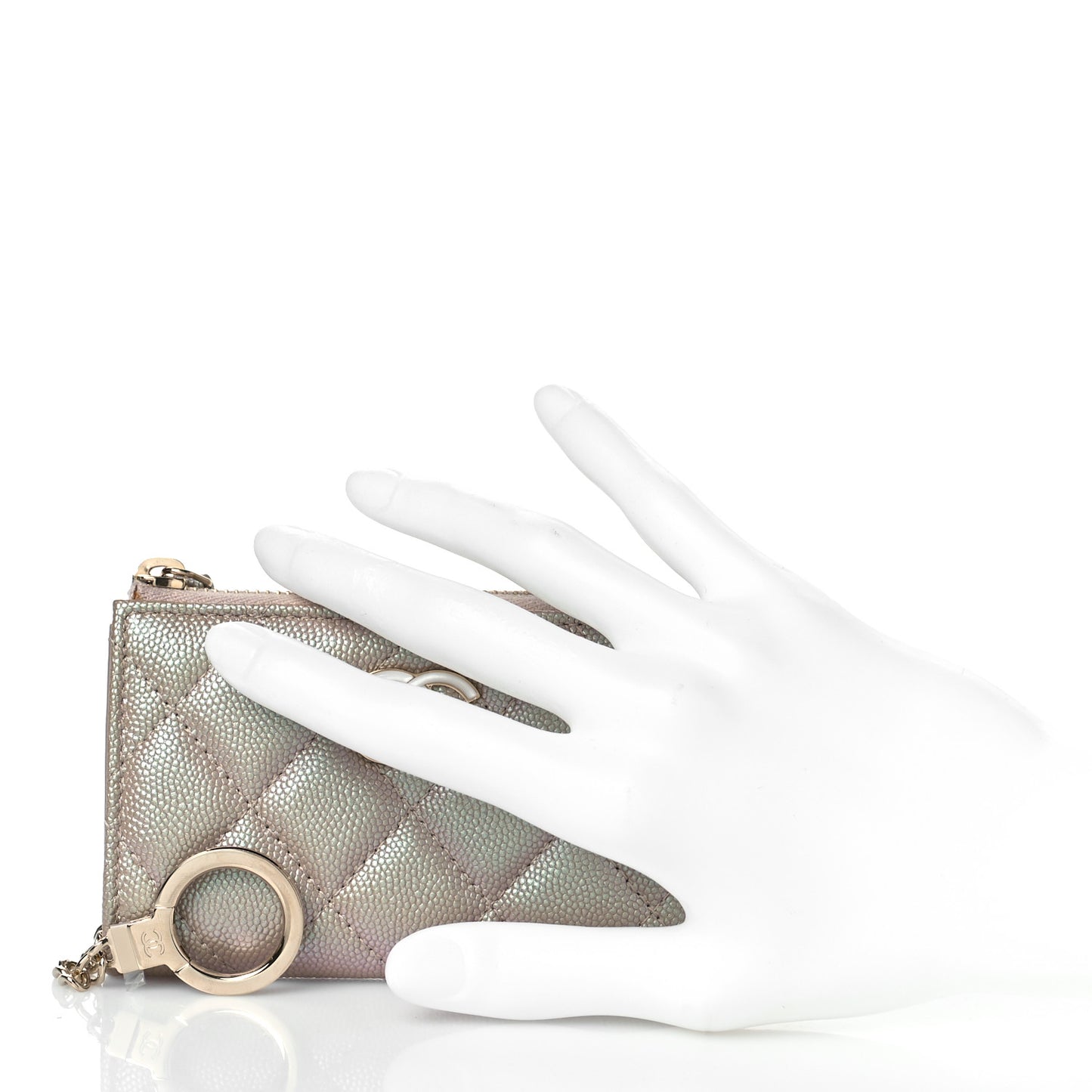 Iridescent Caviar Quilted Zipped Key Holder Case Beige