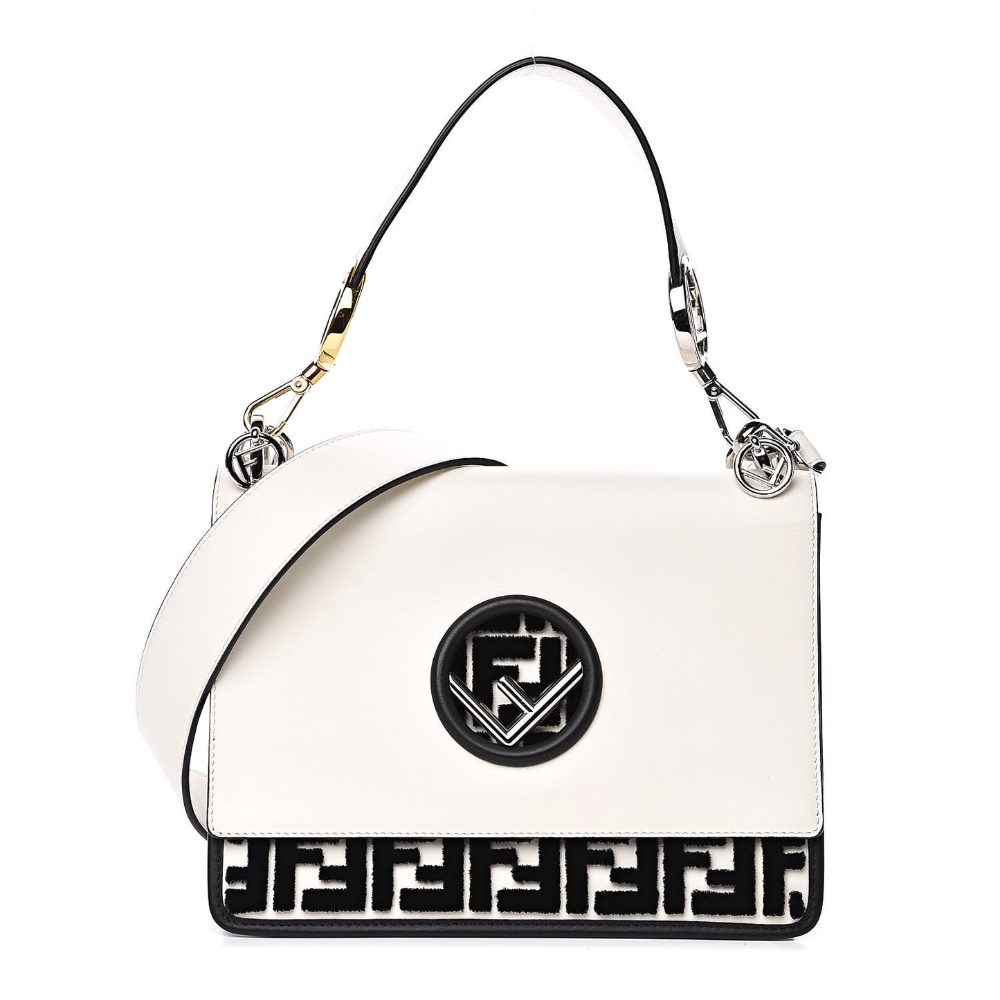 Vitello Century Velvet F is Fendi FF Embroidered Kan I Shoulder Bag White Black