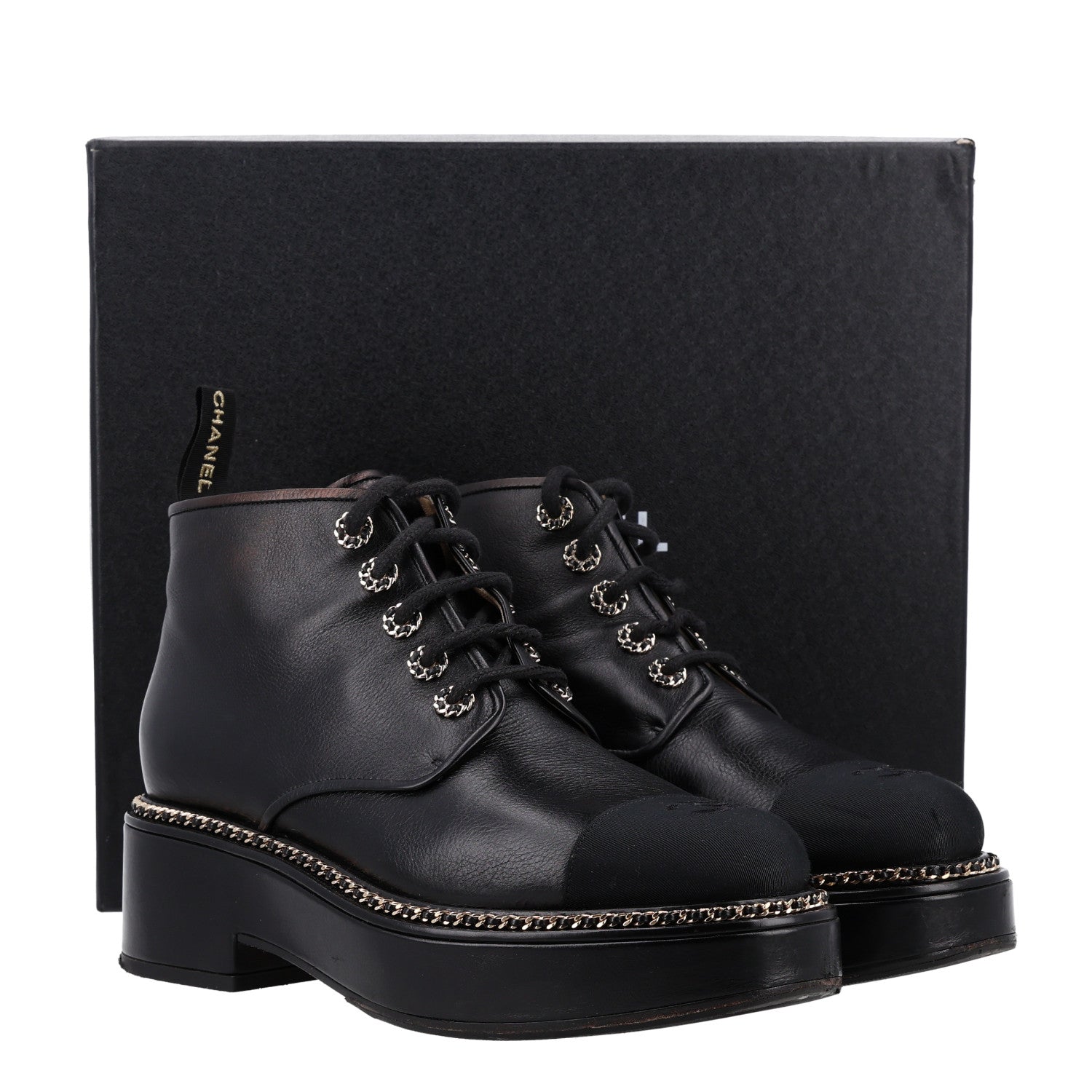 Chanel Calfskin Grosgrain Chain Lace Up CC Short Boots 41 Black 11 of 11