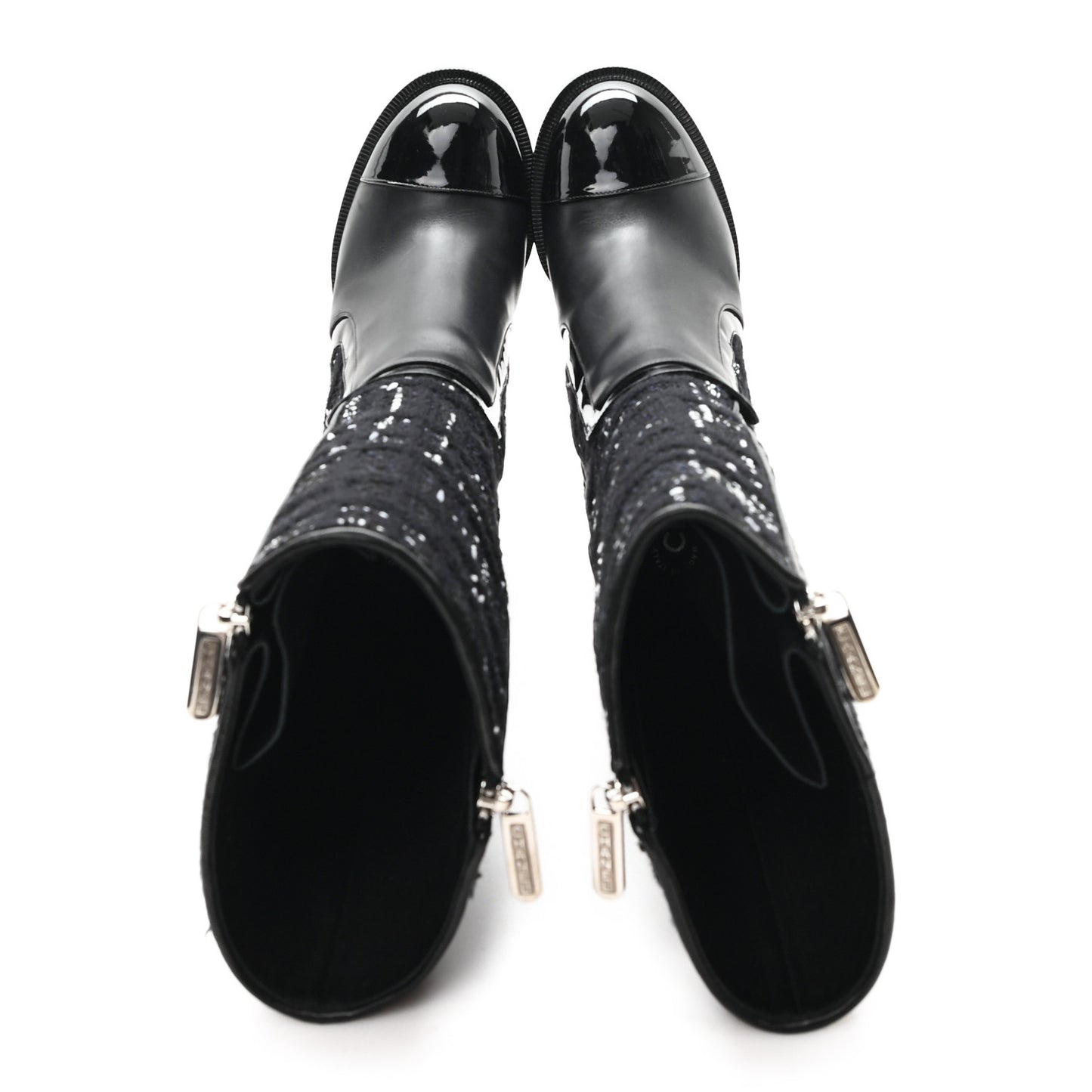 Tweed Calfskin Patent Cap Toe CC High Boots 39 Black Navy White