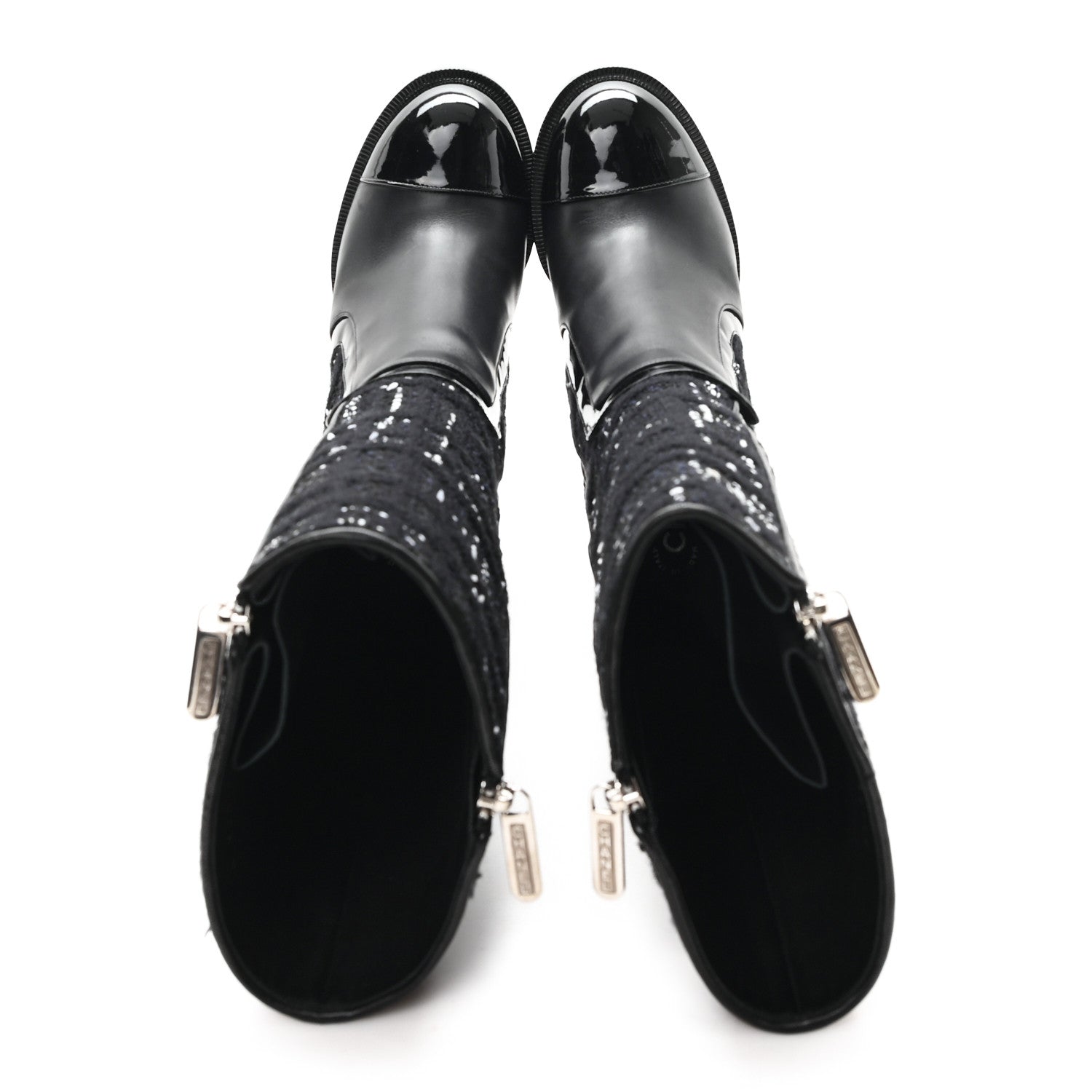 Chanel Tweed Calfskin Patent Cap Toe CC High Boots 39 Black Navy White 2 of 11